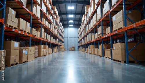 Spacious Warehouse Interior with Tall Shelves and Stacked Boxes.