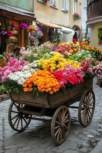 Wooden cart full of bright flowers in market, cobblestone street