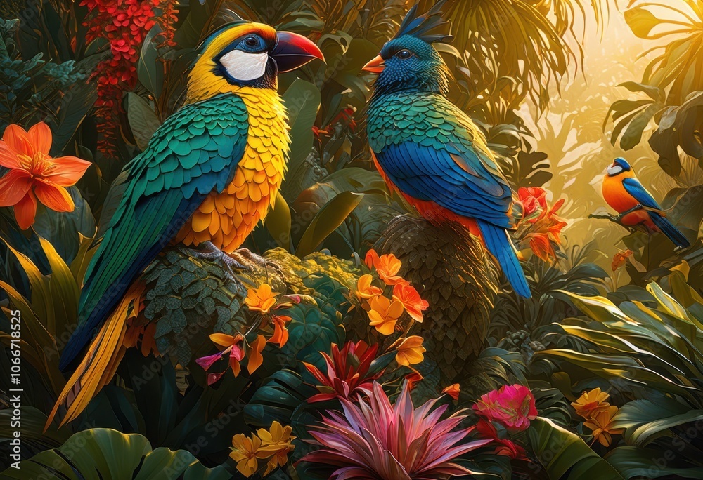 Obraz premium stunning close views lush colorful animal habitats featuring diverse flora fauna vivid detail, nature, forest, jungle, ecosystem, wildlife, plants