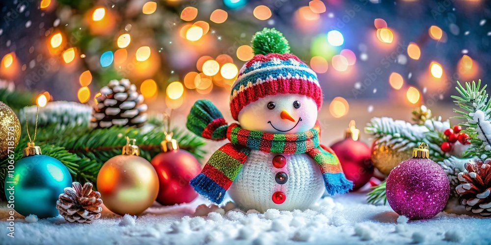 Snowman with Christmas Touch: Festive Macro Photography of a Snowman Decorated with Ornaments, Scarves, and Snowflakes in a Winter Wonderland Setting Snowman with Christmas Touch: Festive Macro Photography of a Snowman Decorated with Ornaments, Scarves, and Snowflakes in a Winter Wonderland Setting