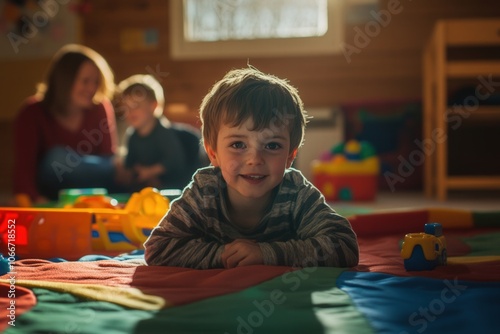 Smiling child lying on a colorful play mat in kindergarten, playing with construction toys, with his teacher and classmates in the background