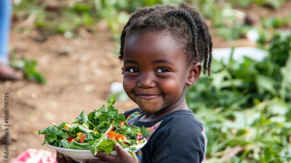 Happy Child Enjoying Fresh Salad Outdoors Happy Child Enjoying Fresh Salad Outdoors