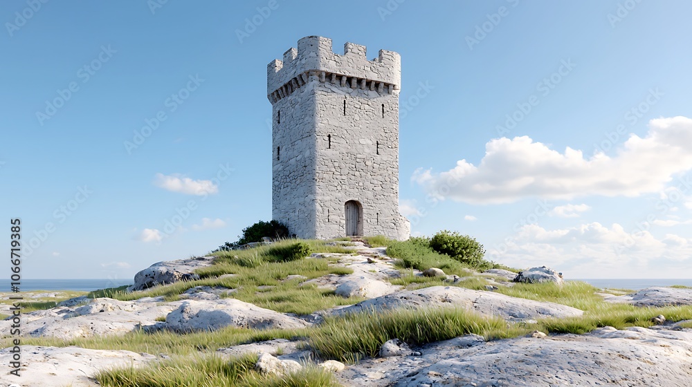 Explore the enigmatic structure of an ancient stone tower surrounded by lush greenery and ocean views Explore the enigmatic structure of an ancient stone tower surrounded by lush greenery and ocean views