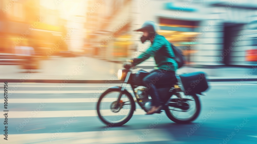 A fast-moving motorbike courier navigates busy urban streets, delivering parcels in the late afternoon light A fast-moving motorbike courier navigates busy urban streets, delivering parcels in the late afternoon light