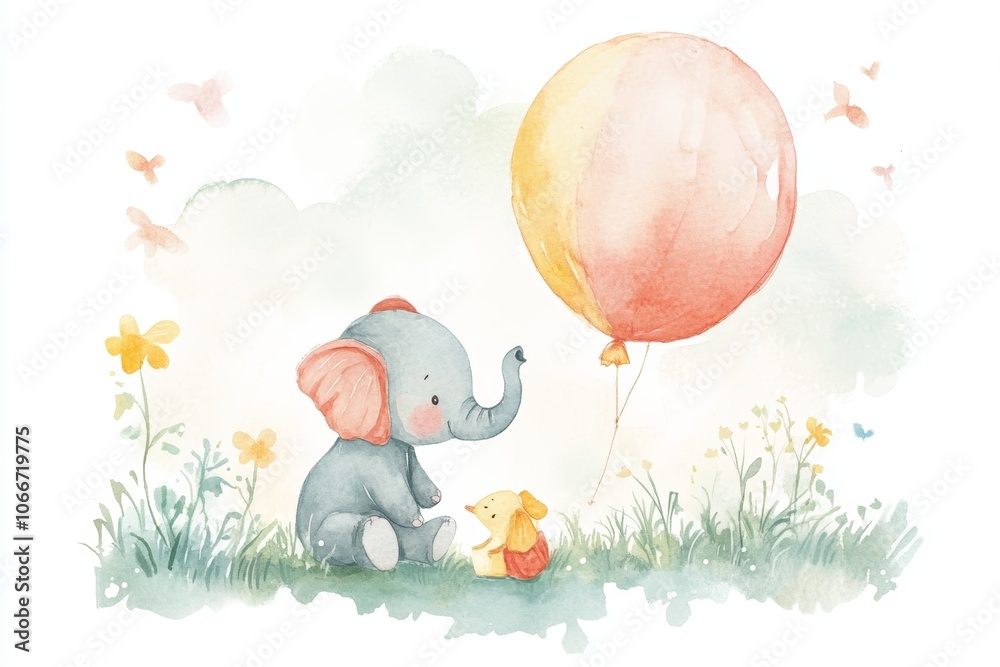 Obraz premium Adorable Elephant and Puppy with Balloon in Watercolor Meadow. Watercolor Nursery Art.