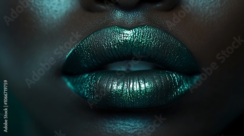 Extreme close-up of emerald green lips, matte and velvety texture, highlighting the bold and striking color, illuminated with soft, diffused lighting to enhance smooth detail, photo