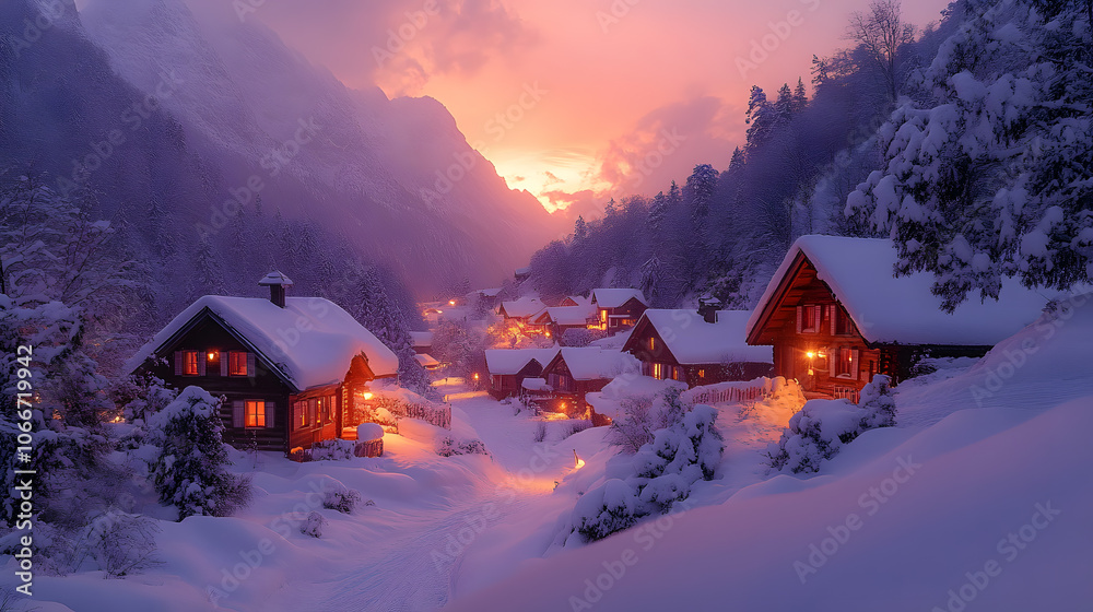 Fototapeta premium An enchanting photography of a quaint alpine village blanketed in snow, with charming wooden chalets and snow-laden roofs illuminated by soft, warm light as twilight descends over the serene mountain