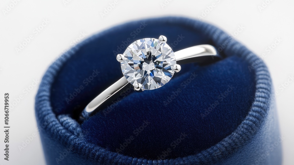 A solitaire diamond ring in a deep blue velvet box, isolated on a white background, highlighting its brilliance and grace A solitaire diamond ring in a deep blue velvet box, isolated on a white background, highlighting its brilliance and grace