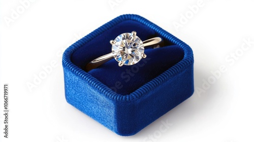 A solitaire diamond ring in a deep blue velvet box, isolated on a white background, highlighting its brilliance and grace