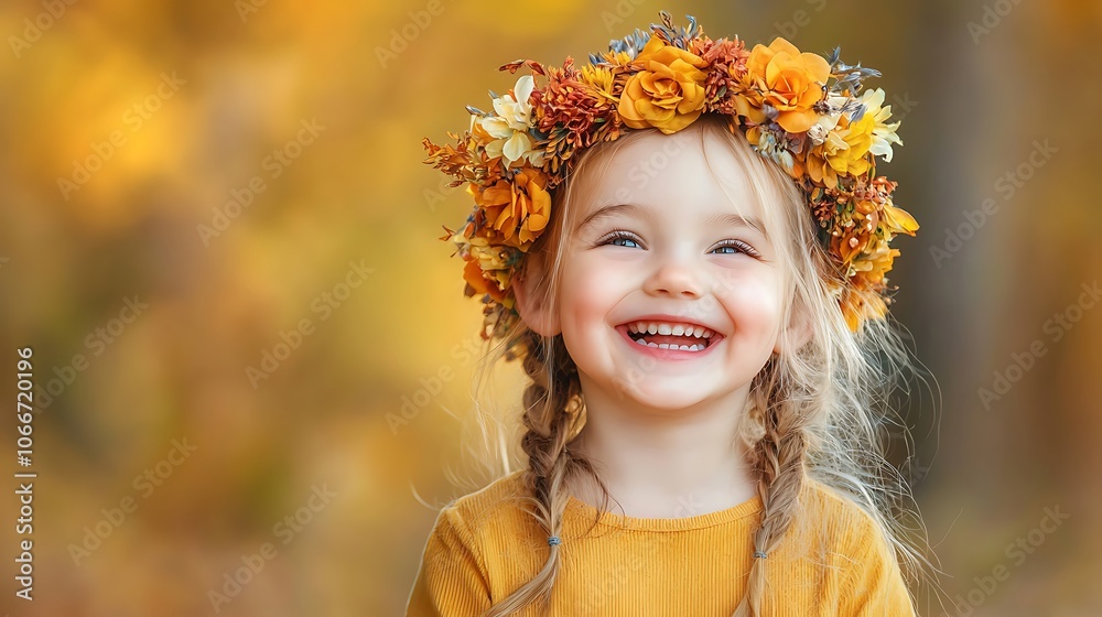 Little girl with flower crown radiates joy in autumn landscape Little girl with flower crown radiates joy in autumn landscape