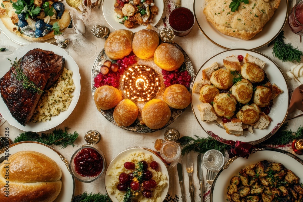 Traditional Hanukkah Feast: A top-down view of a table set for a Hanukkah meal, featuring classic dishes like latkes, sufganiyot (jelly doughnuts), brisket, and challah bread, all beautifully arranged Traditional Hanukkah Feast: A top-down view of a table set for a Hanukkah meal, featuring classic dishes like latkes, sufganiyot (jelly doughnuts), brisket, and challah bread, all beautifully arranged
