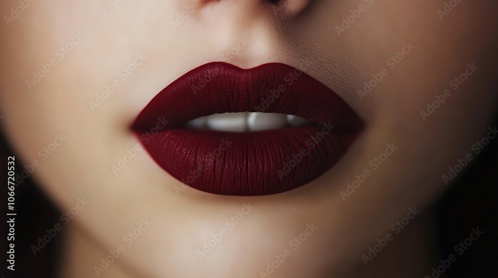 Extreme close-up of lips adorned in deep ruby red matte lipstick, velvety texture, illuminated by subtle, warm light to bring out the richness and intensity of color, high-definition, Extreme close-up of lips adorned in deep ruby red matte lipstick, velvety texture, illuminated by subtle, warm light to bring out the richness and intensity of color, high-definition,