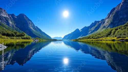 Stunning Mountain Lake Reflection with Bright Blue Sky and Sun