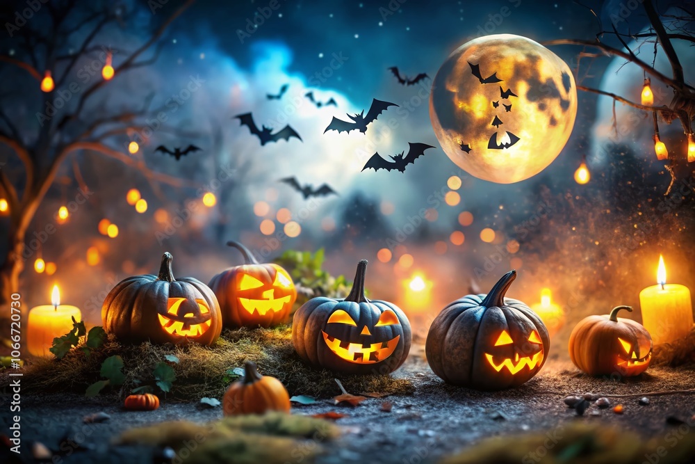 Naklejka premium Spooky Halloween Scene with Jack-O-Lanterns, Bats, and Eerie Night Sky - Tilt-Shift Photography Style for a Whimsical and Creepy Atmosphere