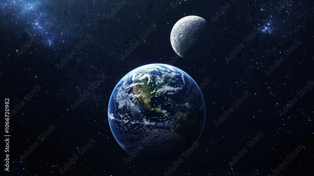A stunning view of Earth and the Moon against a backdrop of twinkling stars, showcasing the beauty and vastness of space. A stunning view of Earth and the Moon against a backdrop of twinkling stars, showcasing the beauty and vastness of space.