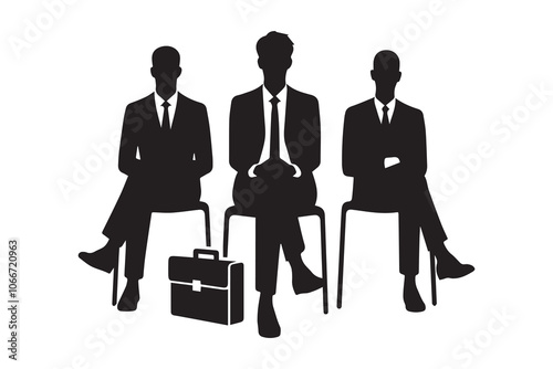 Three people waiting for interview silhouette. Black and white job seeker concept vector.