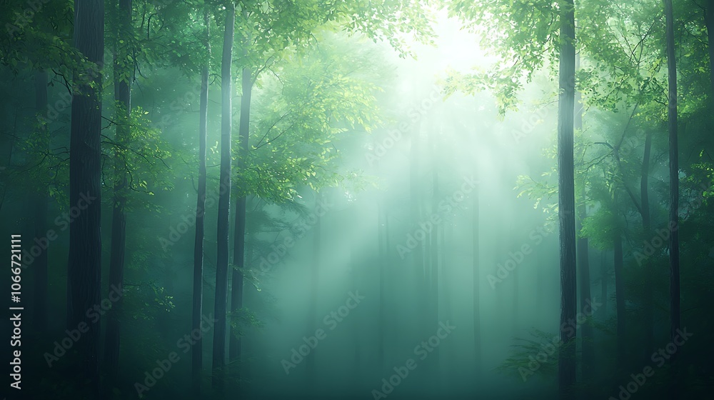 Discover the enchanting beauty of a misty forest landscape illuminated by soft sunlight Discover the enchanting beauty of a misty forest landscape illuminated by soft sunlight