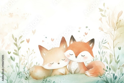 Whimsical Forest Friends. Two Foxes Amidst Nature's Pastel Beauty. Watercolor Nursery Art.
