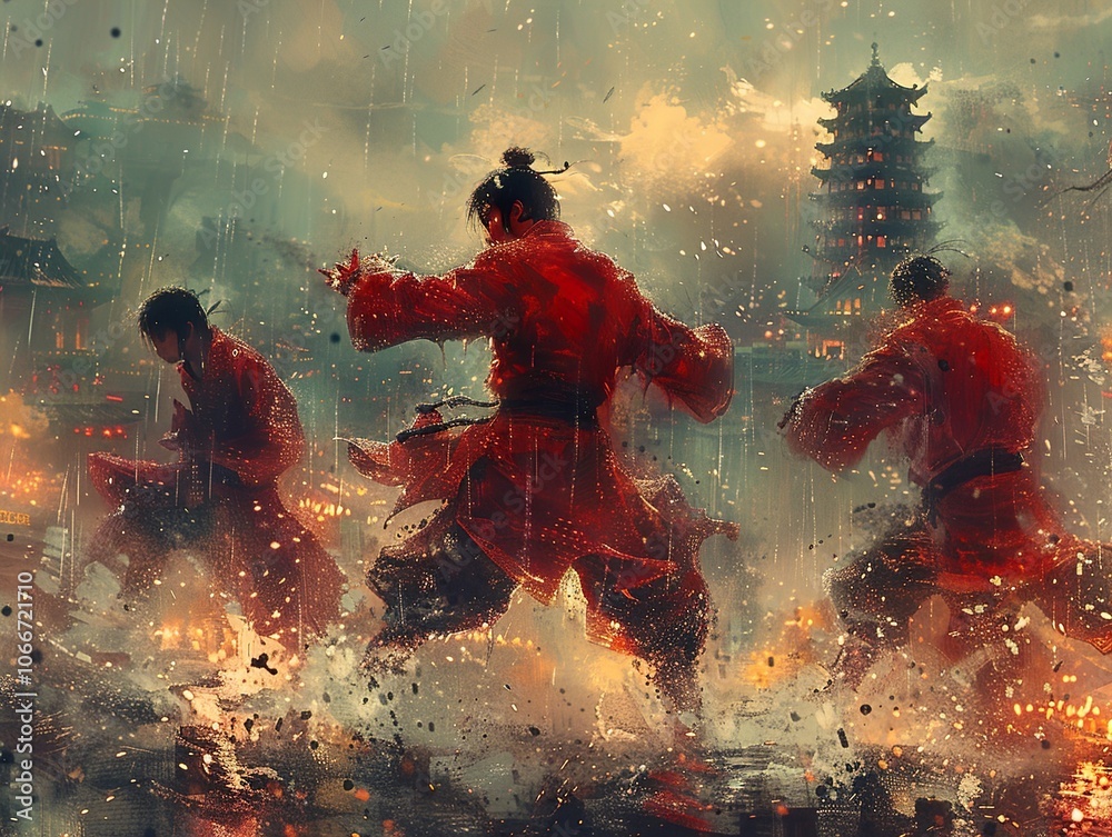 Martial Arts in the Rain: Ancient Chinese Warriors in a Dramatic Showdown Martial Arts in the Rain: Ancient Chinese Warriors in a Dramatic Showdown