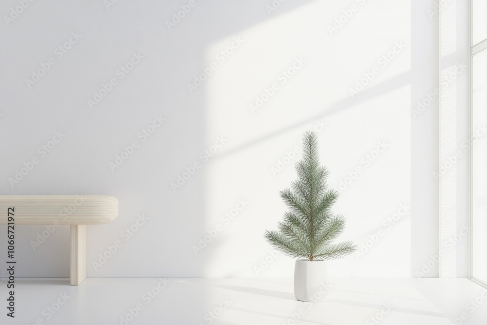Minimalist Christmas Decor with Small Pine Tree in Sunlit White Space for Interior Inspiration Minimalist Christmas Decor with Small Pine Tree in Sunlit White Space for Interior Inspiration