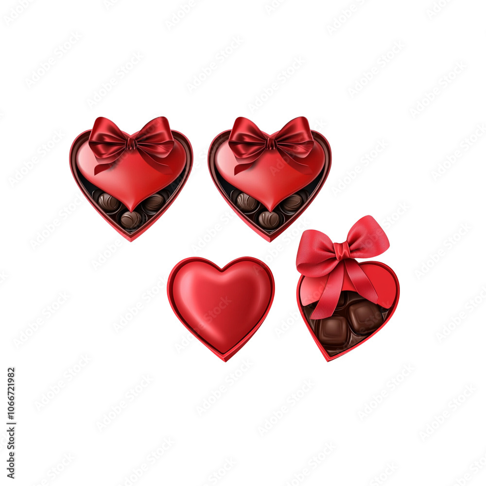 of two red heart-shaped gift boxes with chocolates inside and a bow on top against a white background of two red heart-shaped gift boxes with chocolates inside and a bow on top against a white background