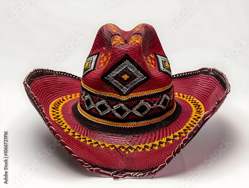 A deep red cowboy hat with yellow and black, AI generated