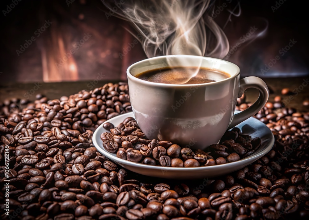 Steaming Coffee Delight with Freshly Scattered Coffee Beans on a Clean White Background for Stock Photography Steaming Coffee Delight with Freshly Scattered Coffee Beans on a Clean White Background for Stock Photography