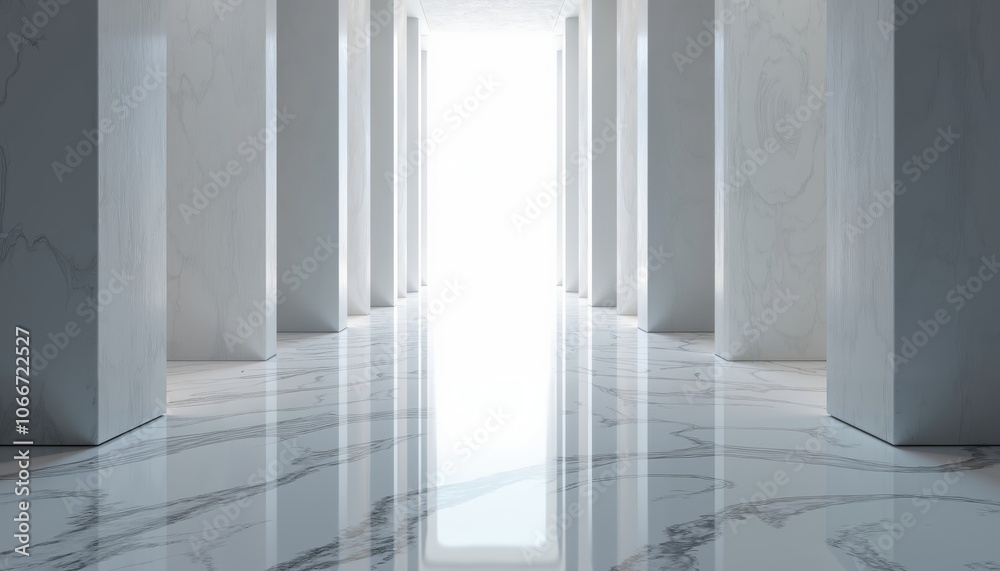 Sleek Modern Corridor with Reflective Floor and Artistic Patterns. Sleek Modern Corridor with Reflective Floor and Artistic Patterns.