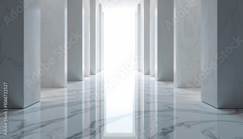 Sleek Modern Corridor with Reflective Floor and Artistic Patterns.