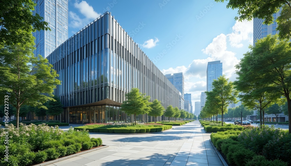 Obraz premium Modern Urban Environment with Glass Building and Lush Green Foliage