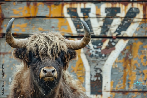 Close-up of a yak's head with impressive horns, suitable for nature or wildlife themed projects photo