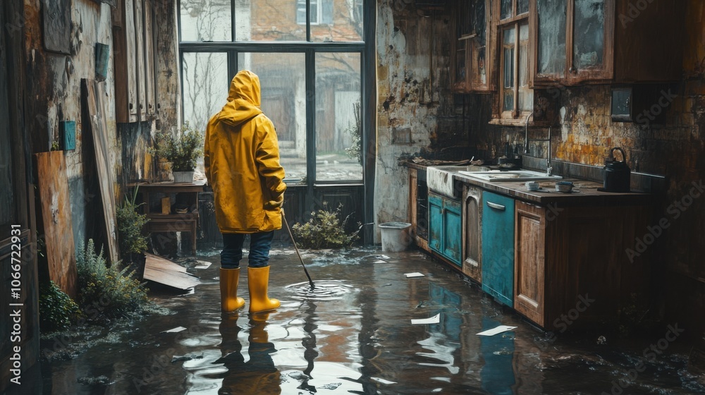 Worker Assessing Flood Damage in Kitchen Wearing Yellow Rain Gear - Ideal for Articles on Disaster Recovery and Home Repairs Worker Assessing Flood Damage in Kitchen Wearing Yellow Rain Gear - Ideal for Articles on Disaster Recovery and Home Repairs