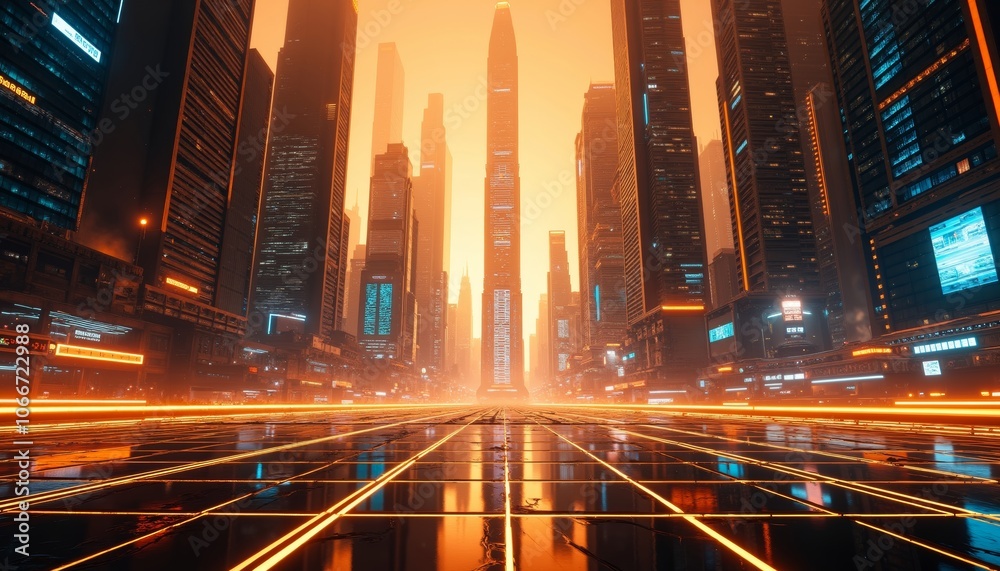 Obraz premium Futuristic Cityscape with Sleek Skyscrapers and Vibrant Lights.