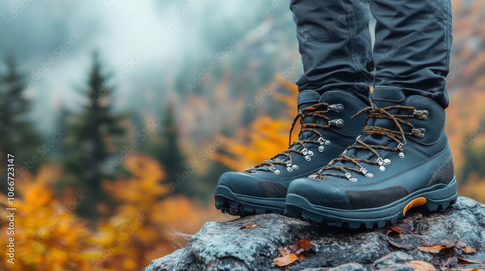 Hiker wearing sturdy hiking boots standing on rocky cliff in foggy forest, adventure footwear, outdoor trekking, autumn hike, nature exploration, wilderness, travel, outdoors Hiker wearing sturdy hiking boots standing on rocky cliff in foggy forest, adventure footwear, outdoor trekking, autumn hike, nature exploration, wilderness, travel, outdoors