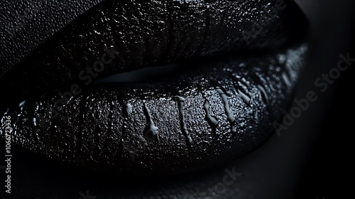 Extreme close-up of lips painted in deep black, matte finish with a subtle gloss, velvety texture highlighted by soft, dramatic lighting to emphasize the mysterious and bold appearance, photo