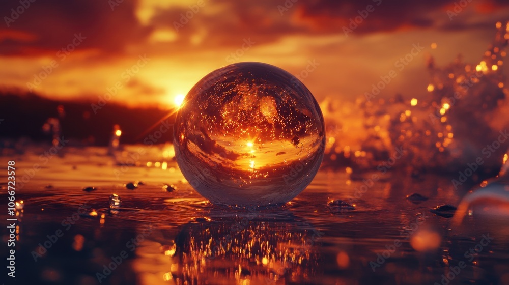 A glass ball floats on the surface of calm water, perfect for use in serene or peaceful scenes A glass ball floats on the surface of calm water, perfect for use in serene or peaceful scenes