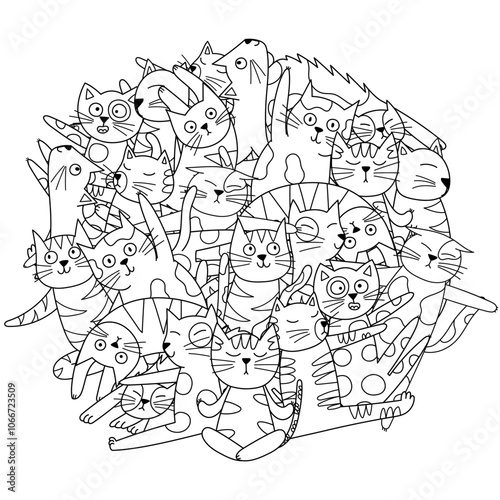 Yoga cats mandala for coloring book. Funny feline animals in different yoga poses circle shape coloring page. Vector illustration