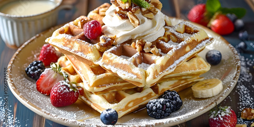 Banana waffles with walnuts and whipped cream topped with berries on a vintage plate, classic style
