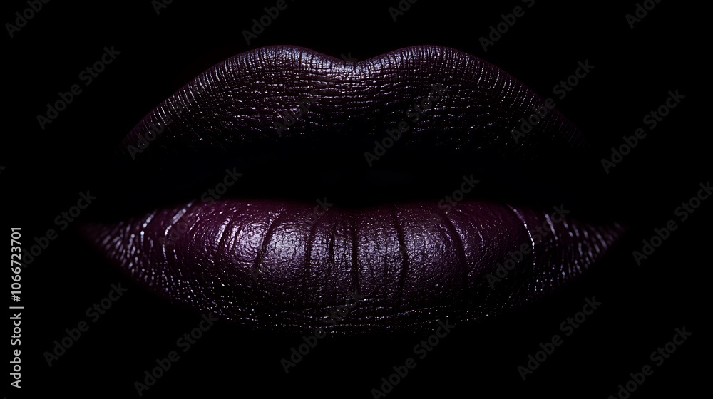 Extreme close-up of lips painted in deep plum, matte and velvety finish, illuminated by soft, moody lighting to highlight the intense color and rich texture, high-definition detail, Extreme close-up of lips painted in deep plum, matte and velvety finish, illuminated by soft, moody lighting to highlight the intense color and rich texture, high-definition detail,