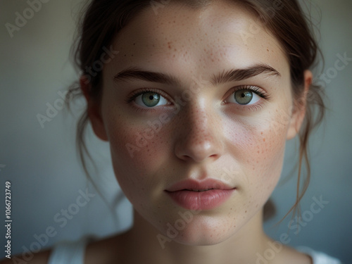  Close-up  portrait natural beauty freckles woman. Candid Charm