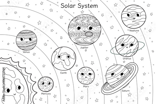 Cute planets educational poster in black and white for kids. Solar System coloring page with sun and planets orbiting it. Vector illustration