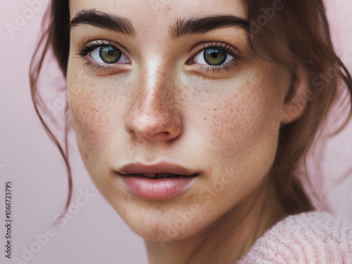  Close-up  portrait natural beauty freckles woman. Freckles in Focus