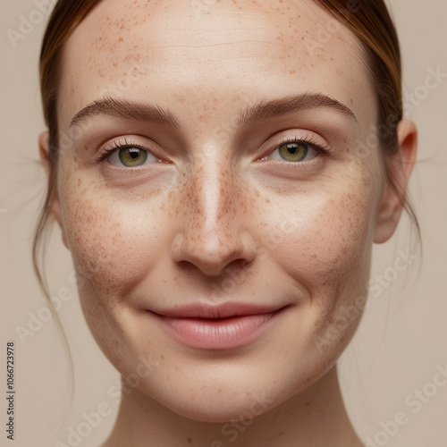 Close-up portrait natural beauty freckles woman. Inner Peace and Subtle Charm