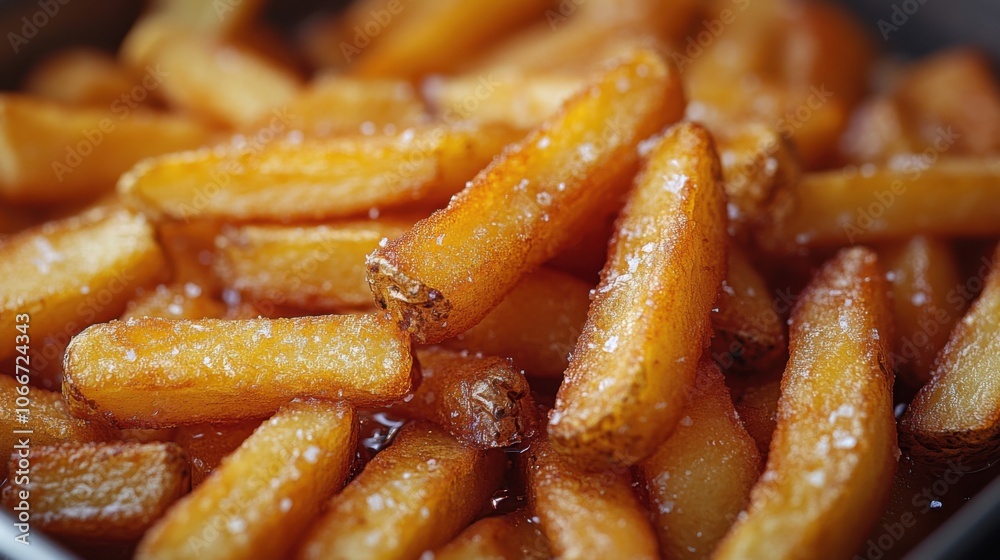 Golden crispy fries with salt, close-up of delicious fried potatoes, classic comfort food, freshly cooked snack, salty and crunchy, tasty appetizer, finger food, fast food Golden crispy fries with salt, close-up of delicious fried potatoes, classic comfort food, freshly cooked snack, salty and crunchy, tasty appetizer, finger food, fast food