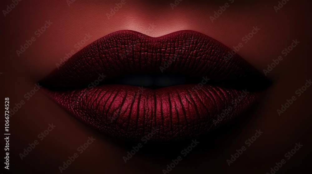 Extreme close-up of lips painted in rich burgundy, matte finish with a velvety texture, illuminated by soft, warm lighting to showcase the deep, luxurious color and smooth detail, high-definition, Extreme close-up of lips painted in rich burgundy, matte finish with a velvety texture, illuminated by soft, warm lighting to showcase the deep, luxurious color and smooth detail, high-definition,