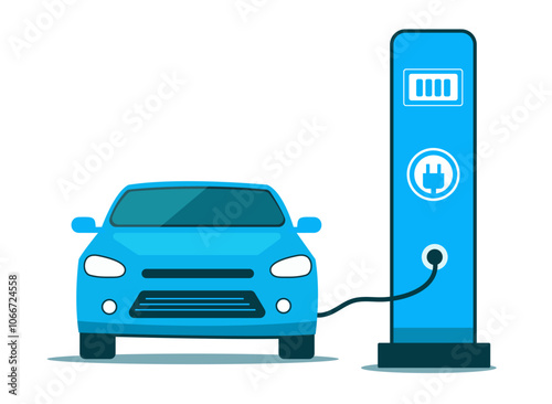Electric fuel station for electric car, electric automobile recharging concept vector illustration