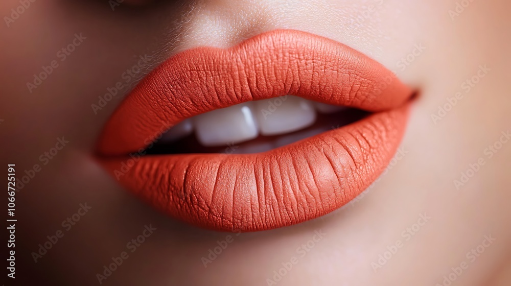Extreme close-up of lips painted in vibrant coral, matte finish, velvety and smooth texture, illuminated by soft, diffused lighting to highlight the lively color and intricate detail, high-definition,