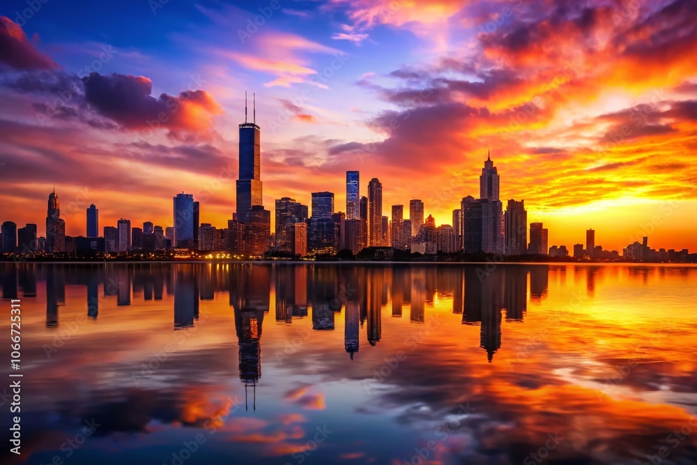 Obraz premium Stunning Chicago Skyline Silhouette at Sunset - Urban Landscape Photography, Cityscape Art, Black and White Illustration, Modern Architecture, Travel Destination, Nature and City Blend