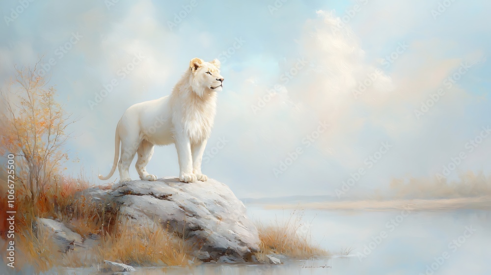 Obraz premium Majestic white lion stands proudly on rock overlooking serene landscape