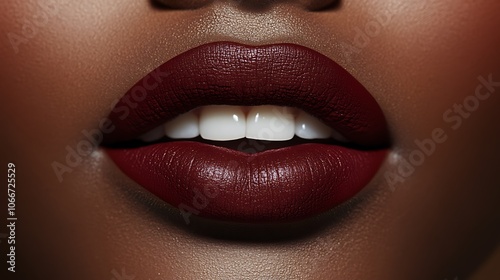 Extreme close-up of lips painted with deep ruby red matte lipstick, velvety texture highlighted by warm, diffused light for a luxurious look, capturing smooth detail and color depth, high-quality, photo